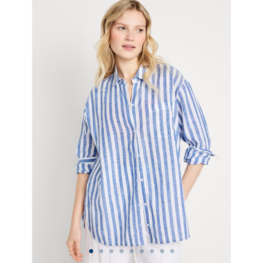 Old Navy Linen-Blend Striped Boyfriend Summer Layering Shirt Blue White